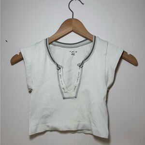 White Ribbed Crop Top with Gray Trim